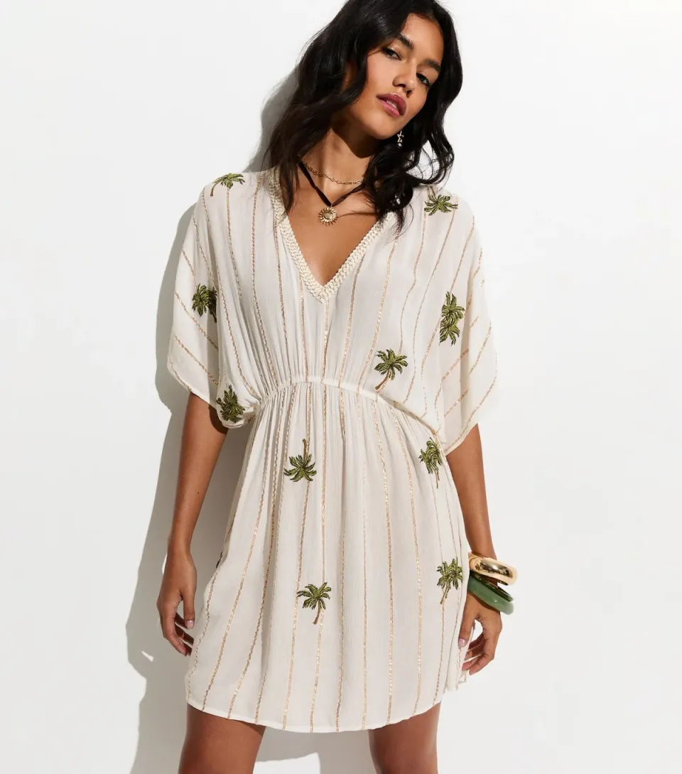 Women's Cream Metallic Stripe Palm Tree Embroidered Kaftan
