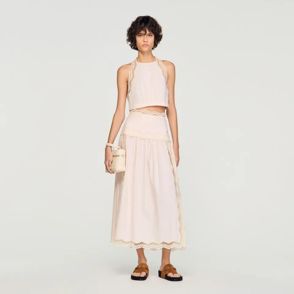 Long cotton skirt with trim