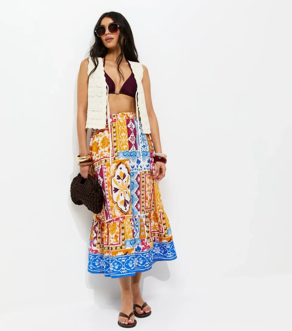 Women's Yellow Baroque Scarf Print Tiered Midi Skirt
