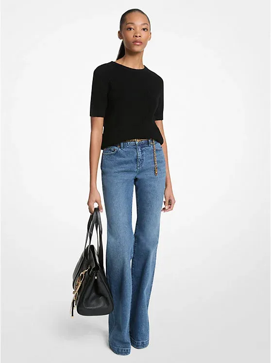 Stretch Cotton Belted Flared Jeans