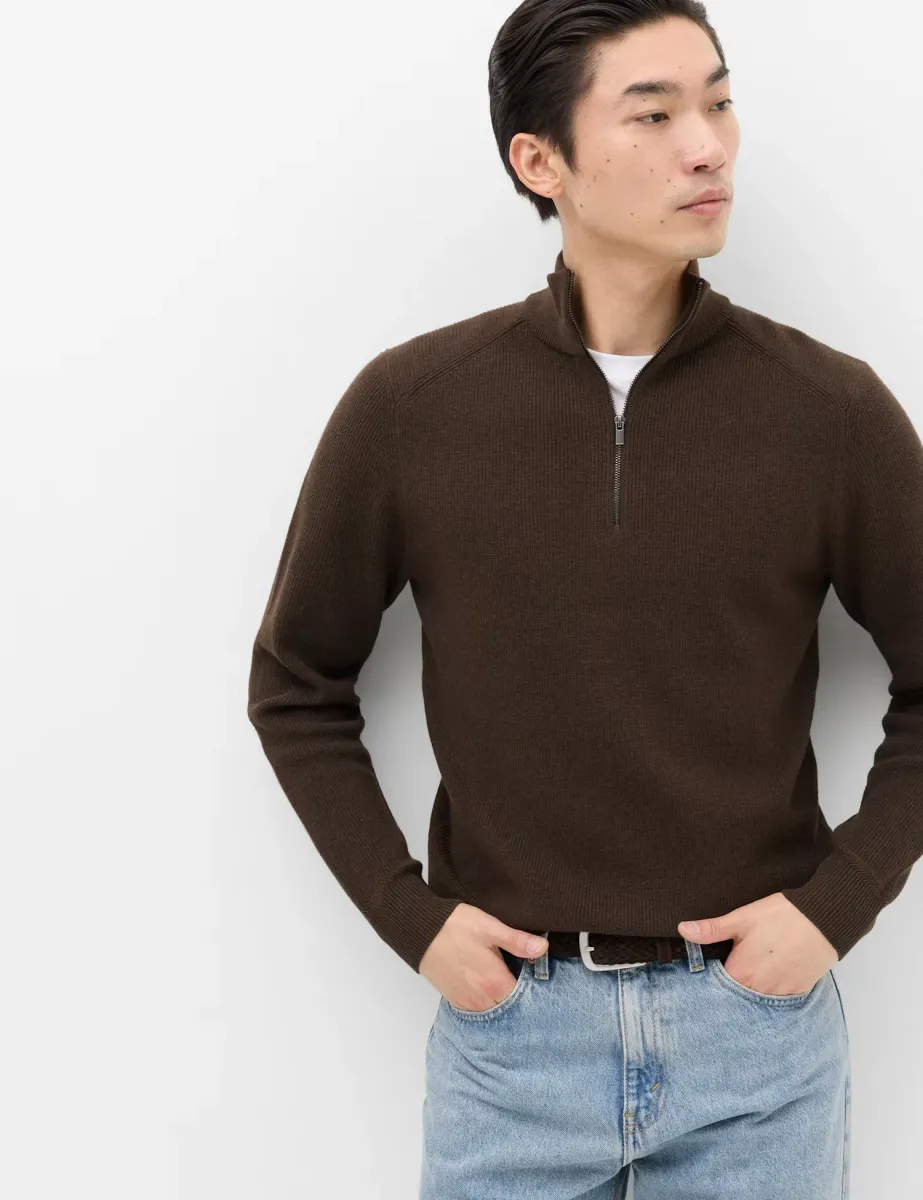 Cotton Blend Ribbed Half Zip Jumper Bitter Chocolate
