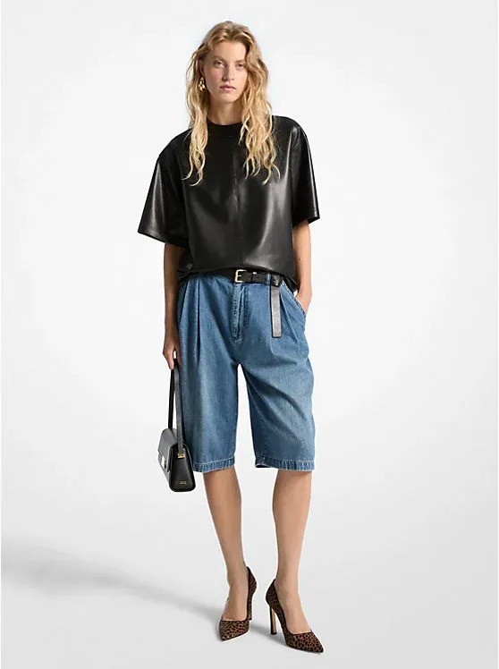Pleated Bermuda Denim Shorts