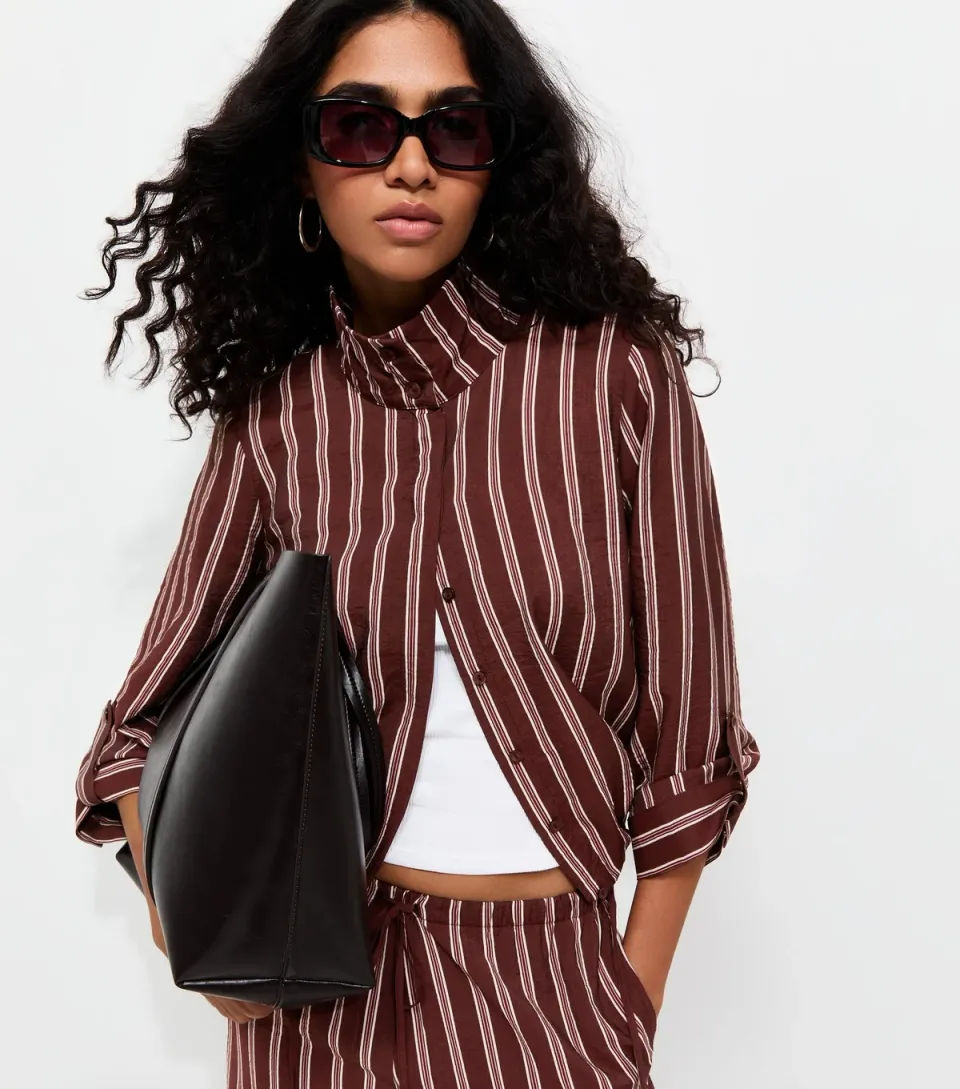 Women's Burgundy Striped Funnel Neck Shirt