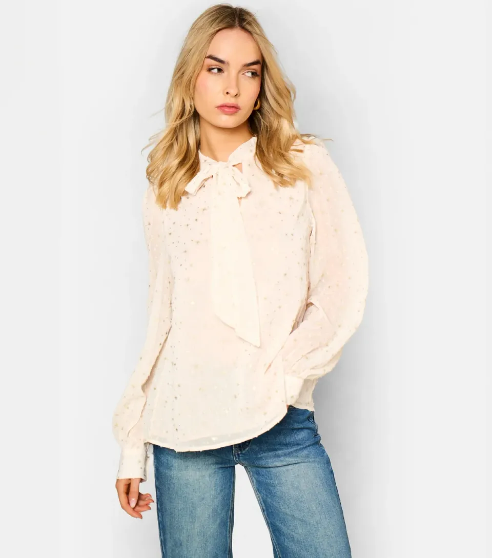 Women's Oatmeal Star Print Tie Neck Long Sleeve Blouse