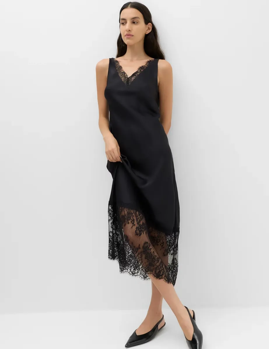 Satin Lace Insert Midaxi Slip Dress Black