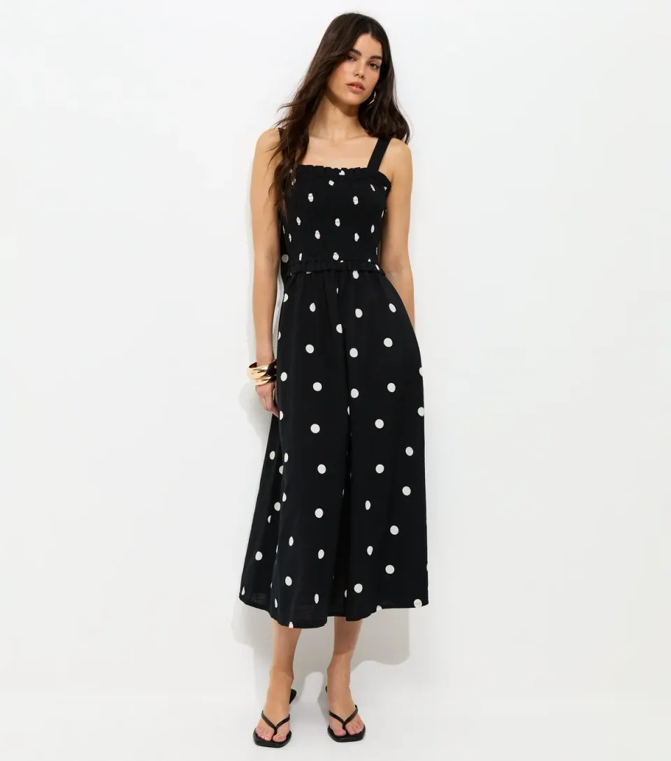 Women's Yellow Spot Print Shirred Bow Back Strappy Midi Dress