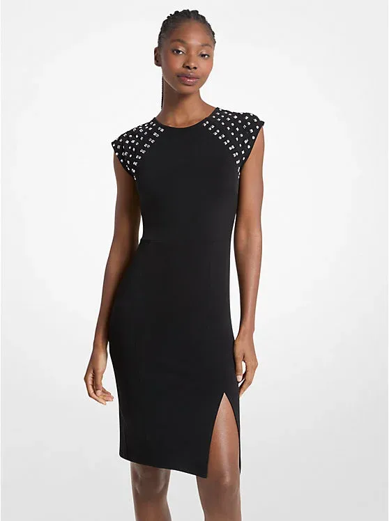 Studded-Sleeve Stretch Matte Jersey Dress