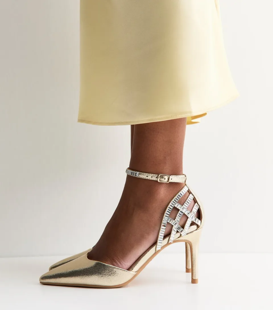 Women's Gold Faux Leather Diamanté Cage Court Shoes Vegan
