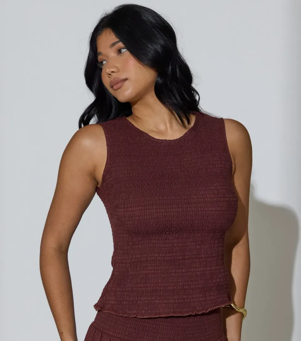 Women's Dark Brown Shirred Sleeveless Top