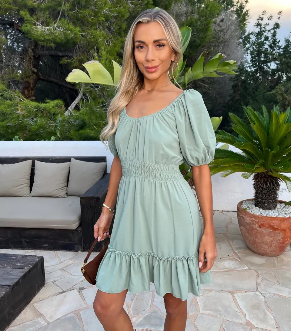 Women's Mint Green Puff Sleeve Frill Hem Mini Dress