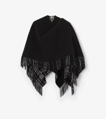 Wool Blanket Cape in Black/calico beige