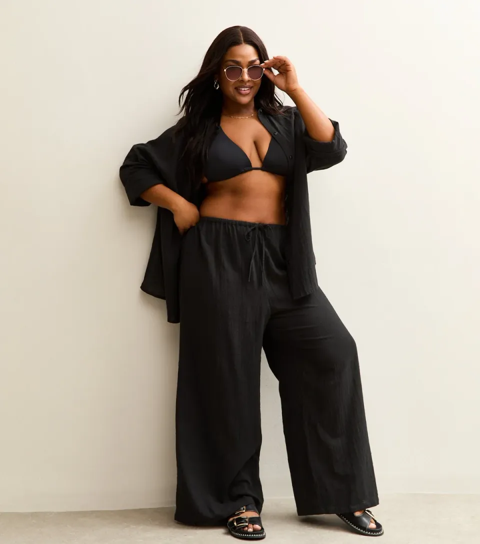 Women's Plus Size Black Cotton Slub Beach Trousers Curves