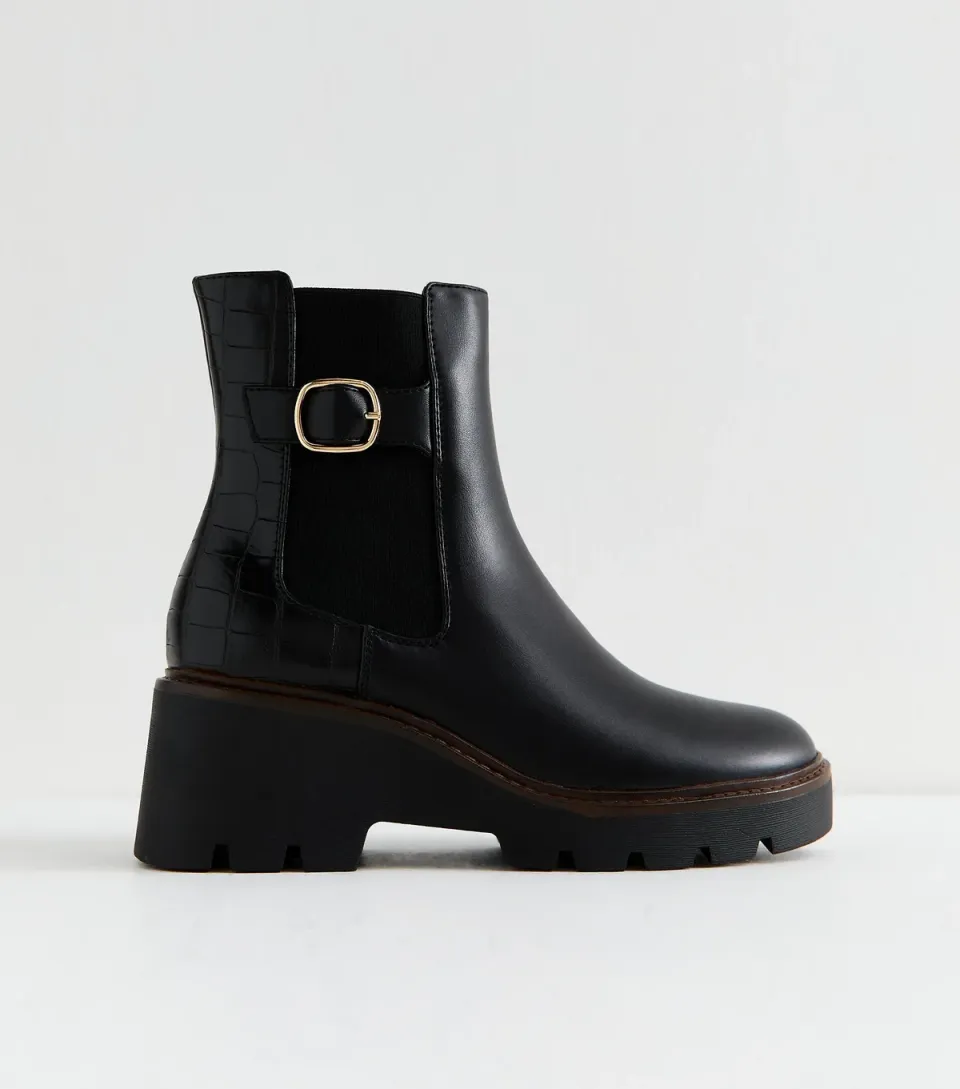 Women's Black Faux Leather Wedge Chelsea Boots Vegan