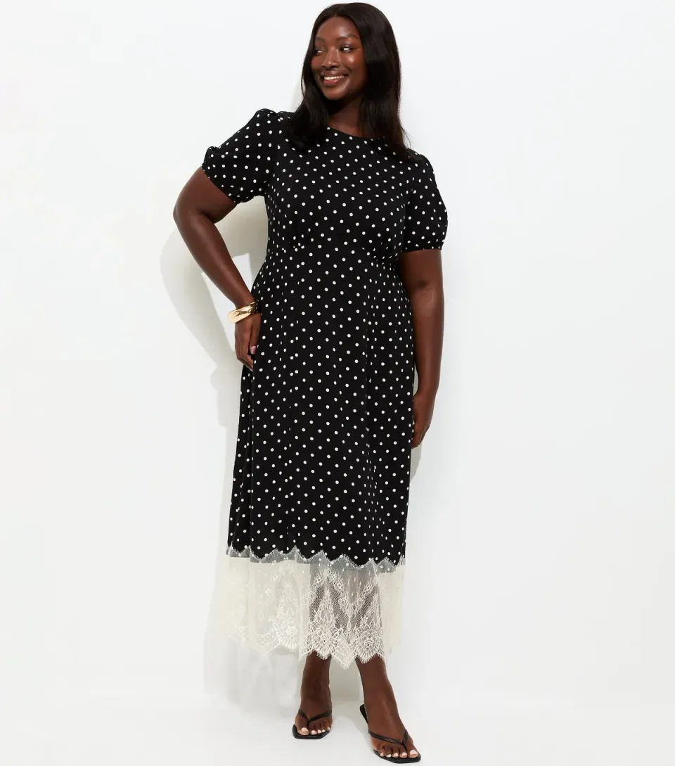 Women's Plus Size Black Spot Print Lace Hem Midi Dress Curves