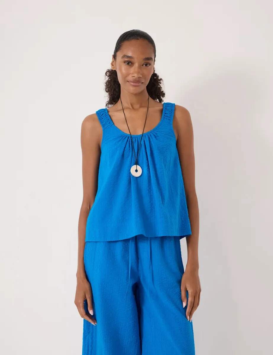 Pure Cotton Seersucker Scoop Neck Top Light Blue