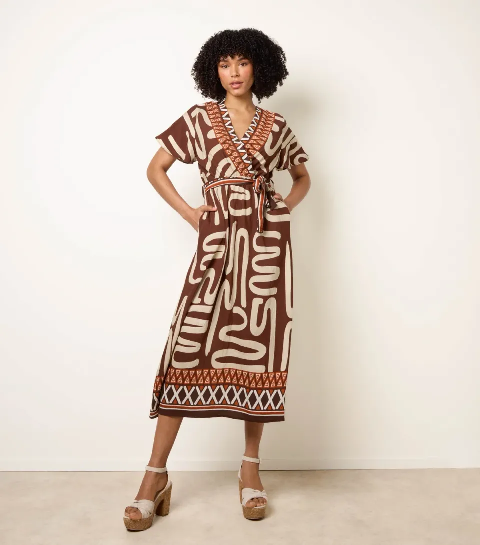 Women's Brown Abstract Print Belted Midi Dress