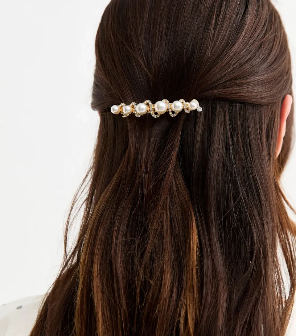 Gold Tone Diamante and Faux Pearl Hair Slide