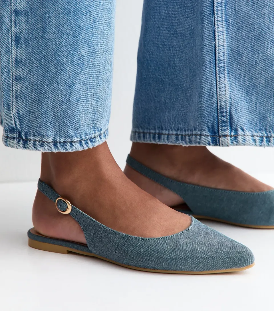 Women's Light Blue Chambray Pointy Slingback Flats Vegan