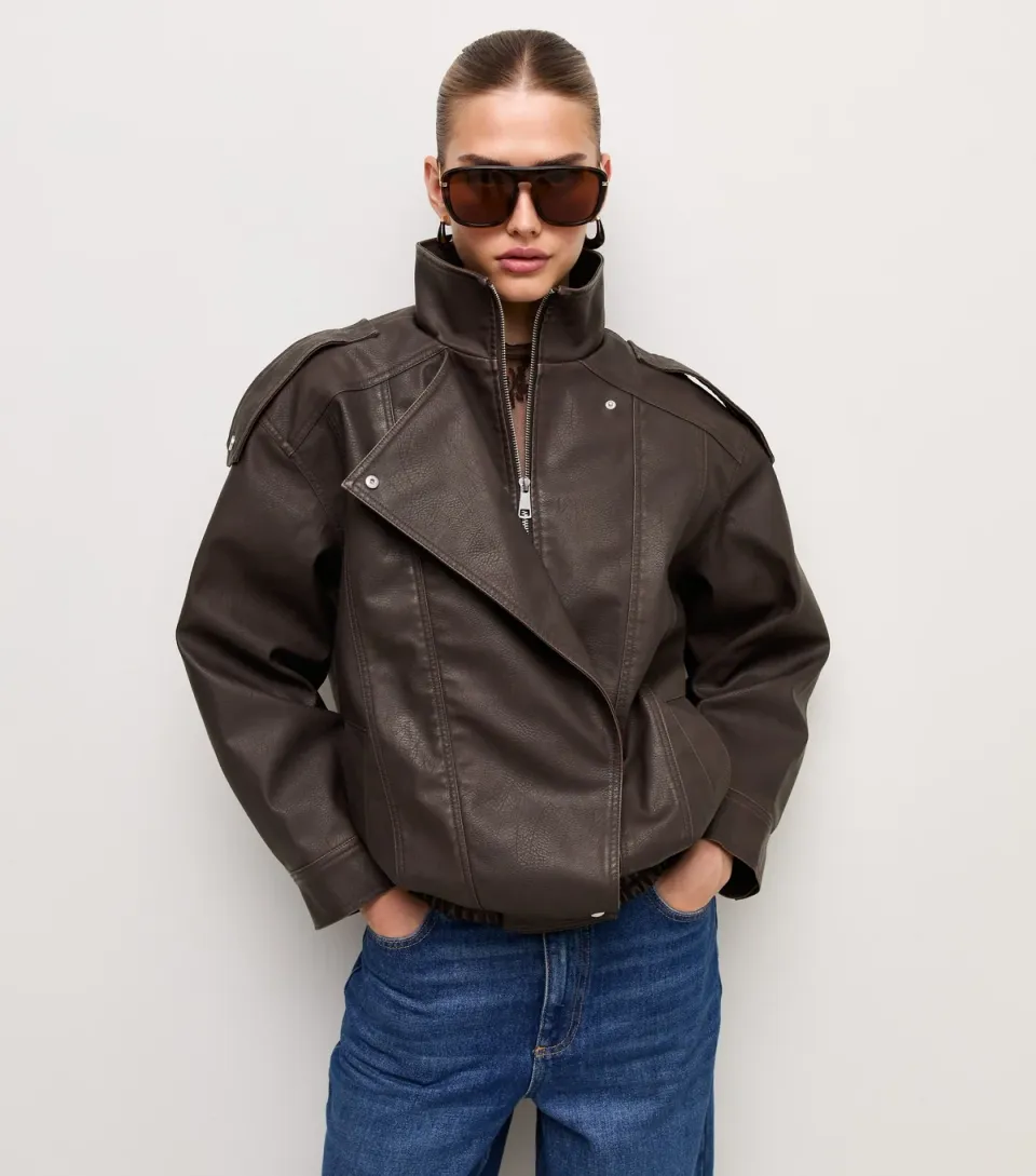 Women's Dark Brown Placket Detail Faux Leather Oversized Funnel Neck Jacket