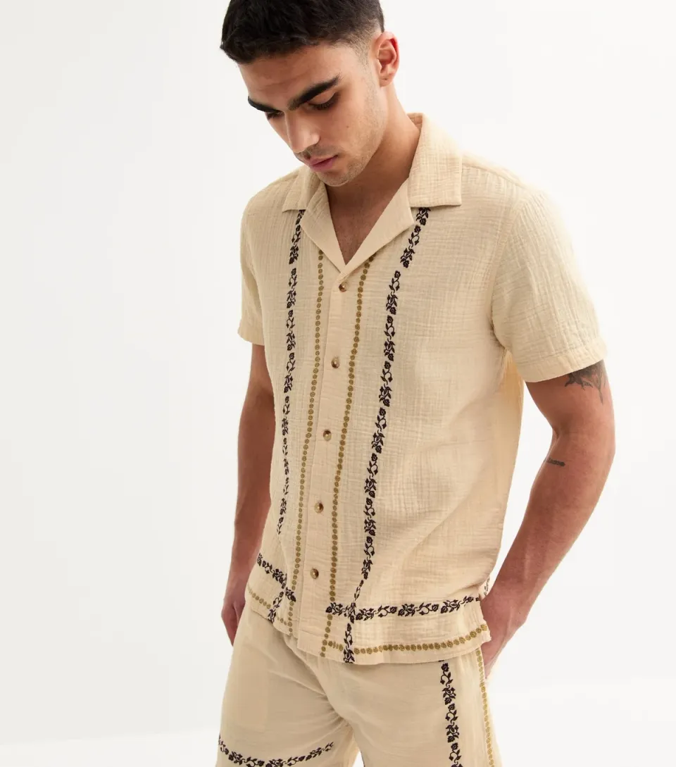 Men's Cream Regular Floral Embroidered Shirt