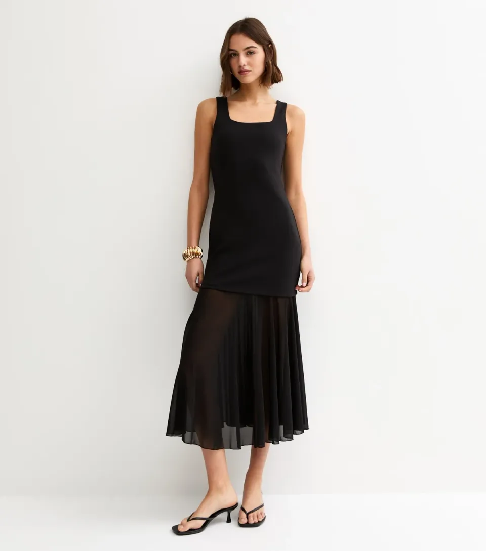 Women's Black 2in1 A-line Semi Sheer Skirt Midi Dress