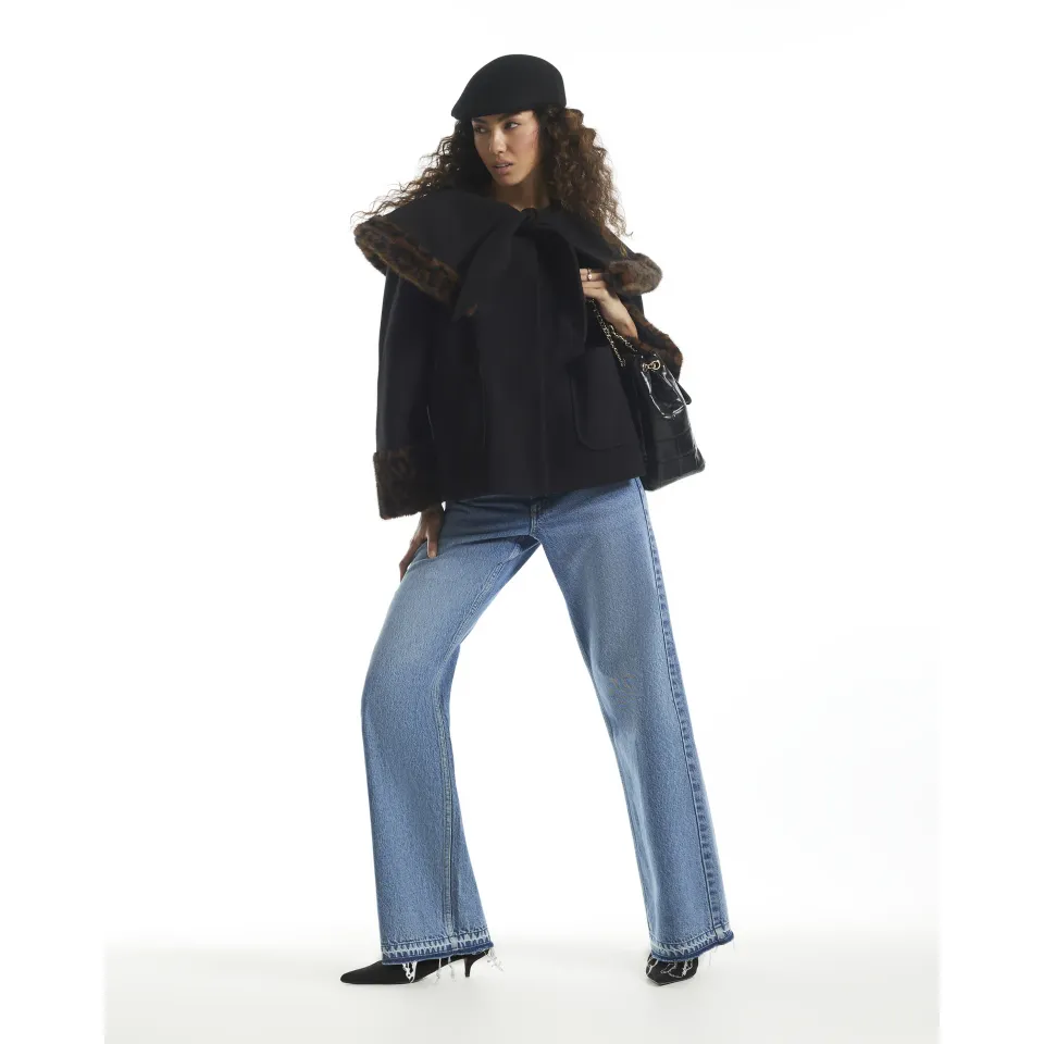 Faux Fur Leopard Trim Cape Jacket