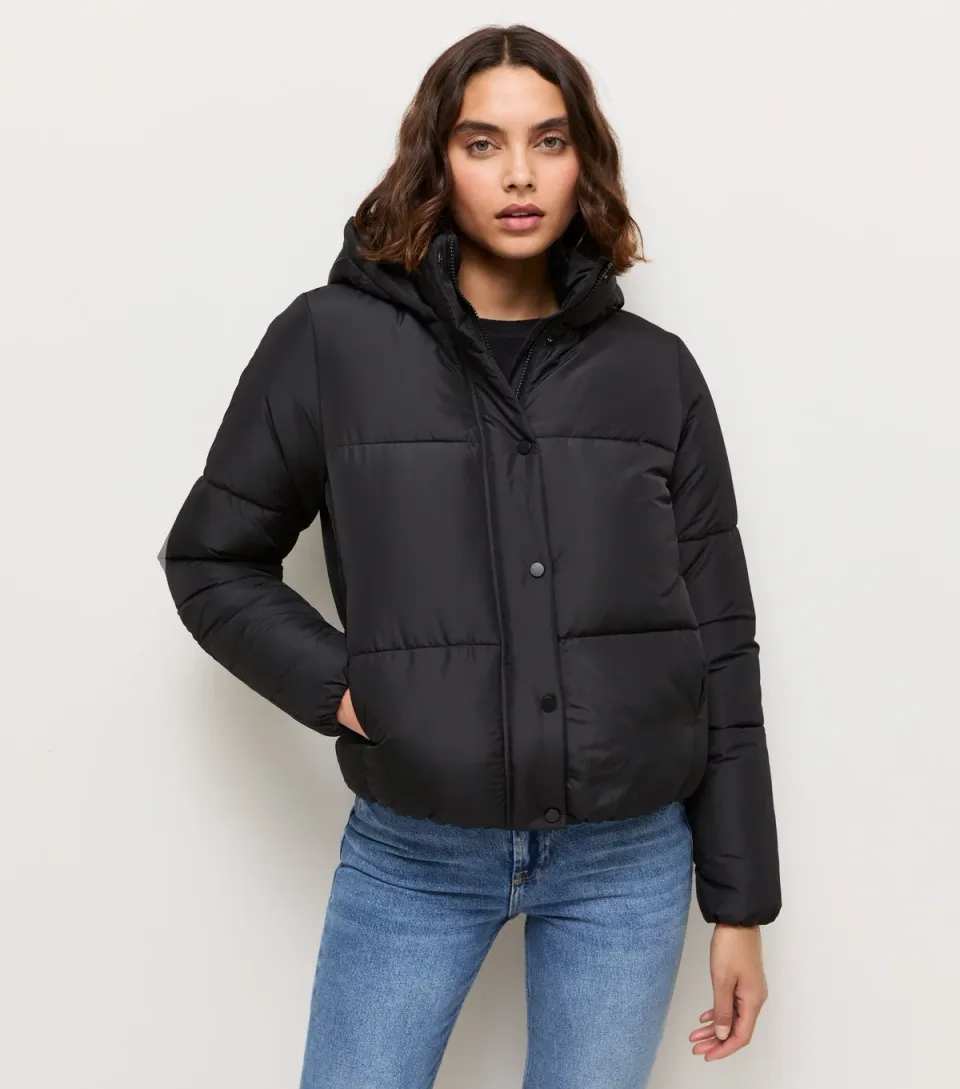 Women's Tall Black Cropped Hooded Puffer Jacket