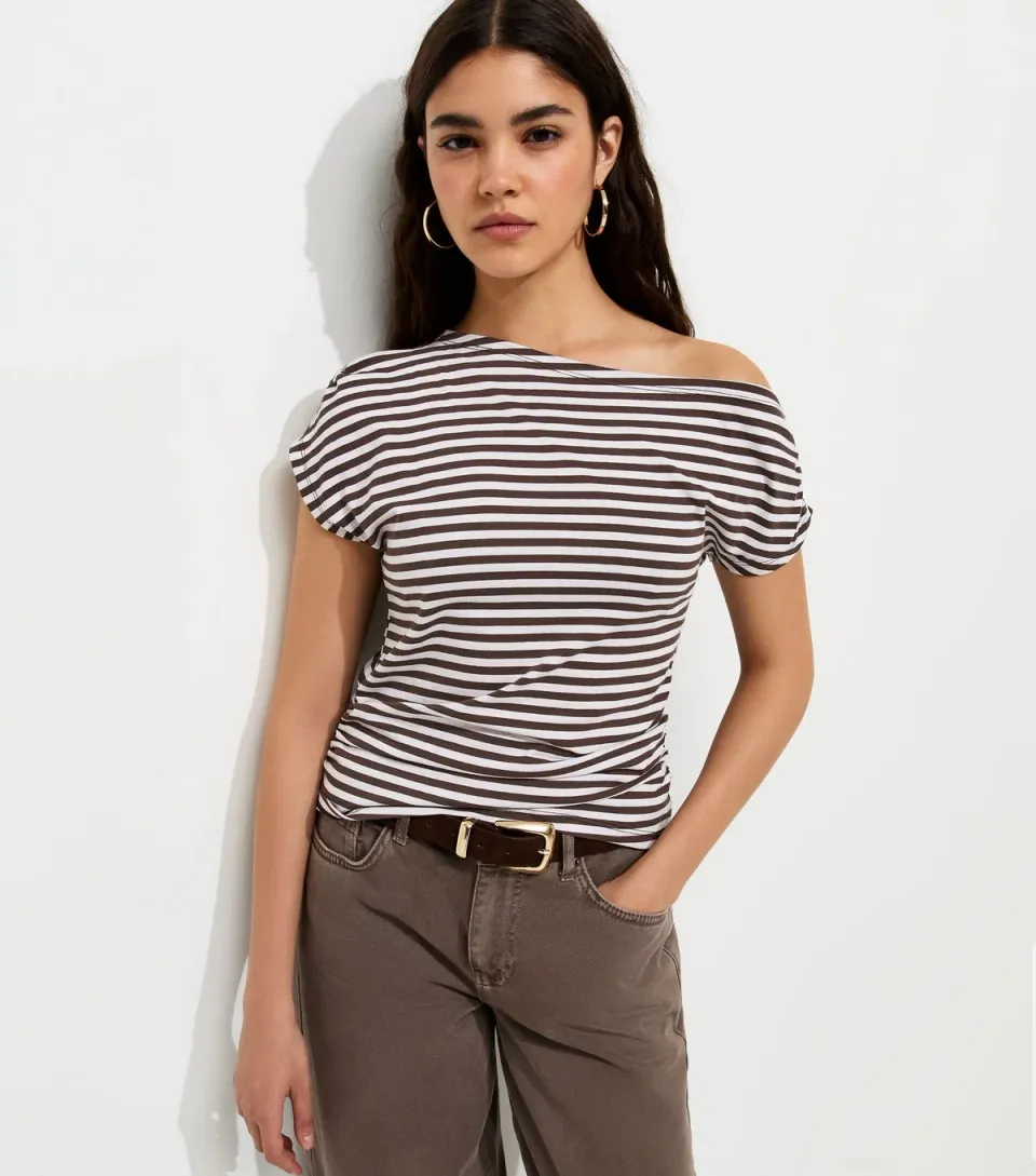 Women's Brown Cotton Striped Off the Shoulder T-Shirt