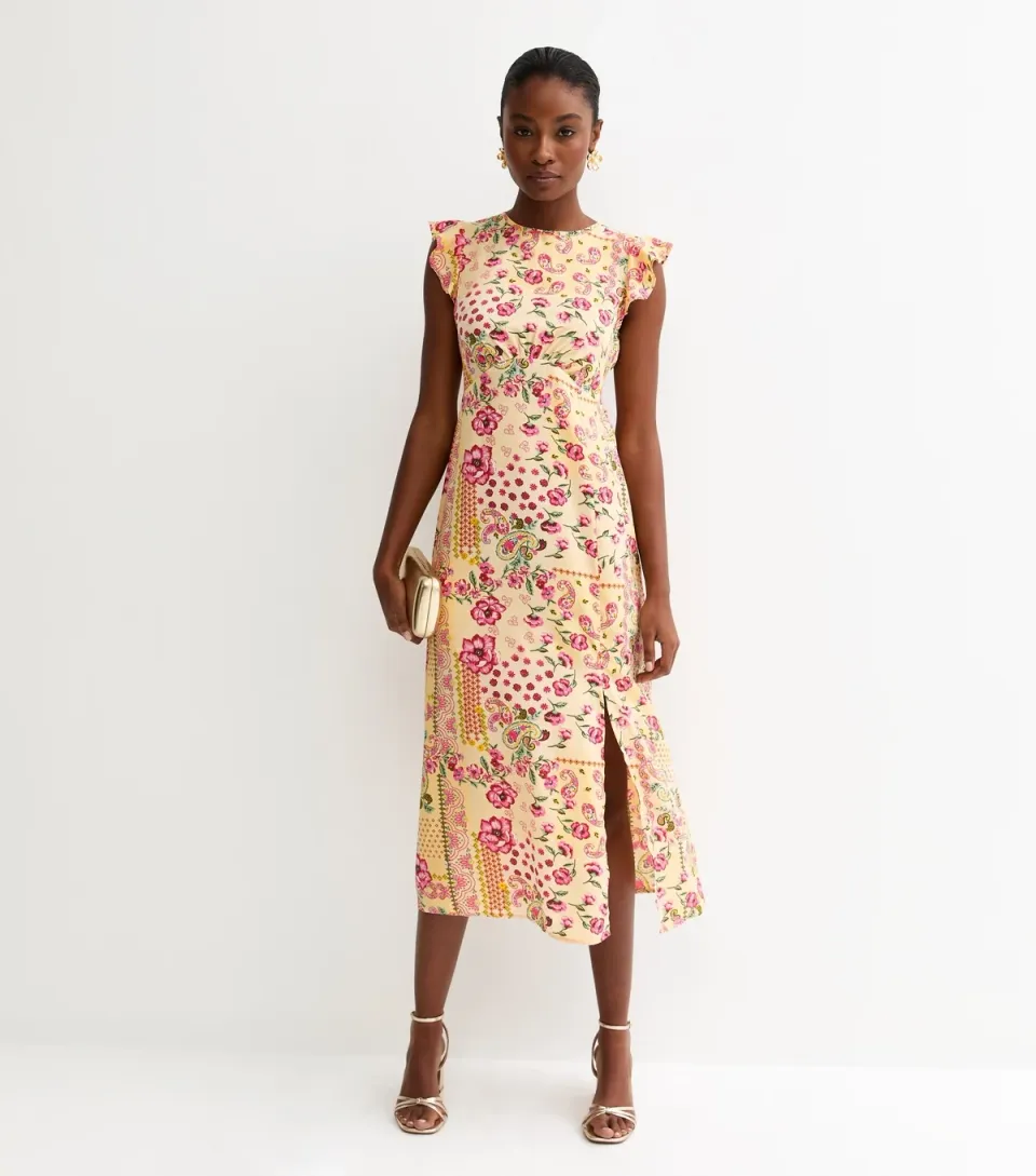 Women's Pink Crepe Patchwork Print Slit Hem Midi Dress