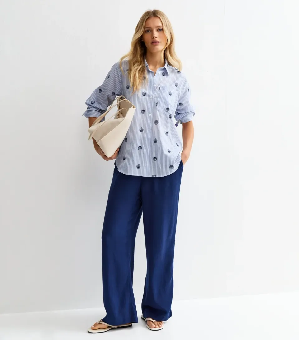 Women's Navy Linen Look Wide Leg Drawstring Trousers