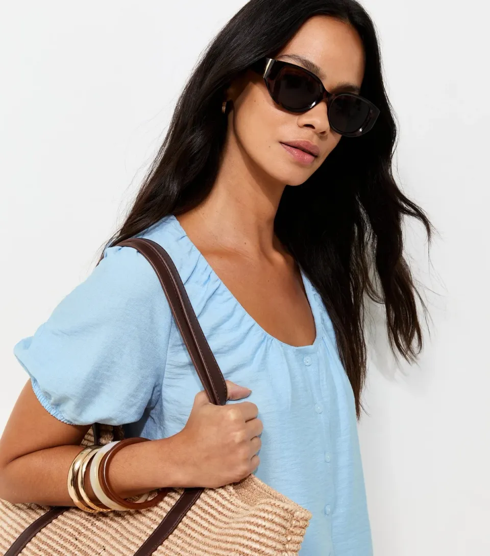 Women's Light Blue Button Drawstring Bubble Hem Blouse