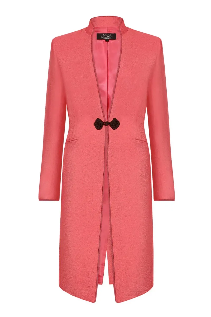 Coral Dress Coat in Summer Brocade with Cord Trim and Frogging - Vicky