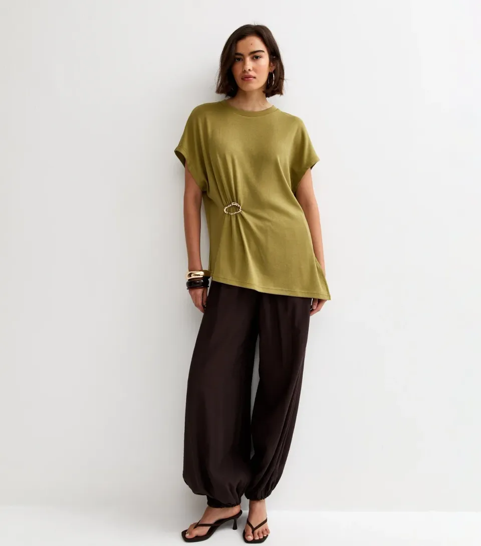 Women's Green Textured Soft Touch Buckle Detail Top