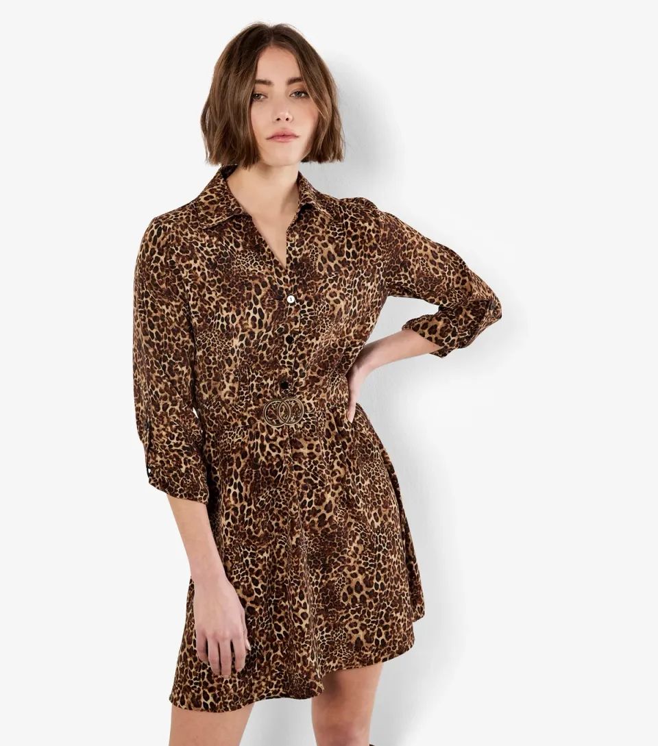 Women's Brown Leopard Print Belted Dress