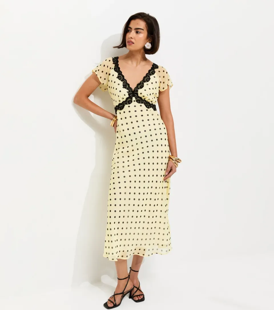 Women's Yellow Spot Print Chiffon Lace Trim Cap Sleeve Midi Dress
