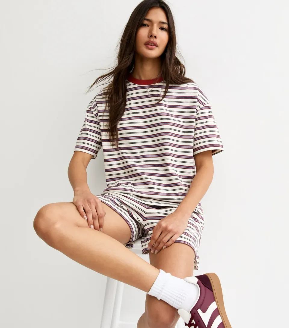 Women's Red and White Cotton Striped T-Shirt