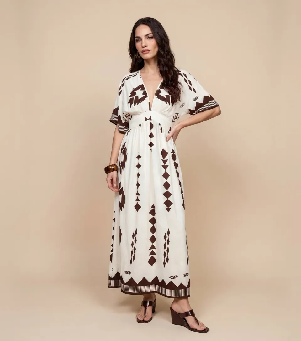 Women's Brown Geometric Print Angel Sleeve Maxi Dress