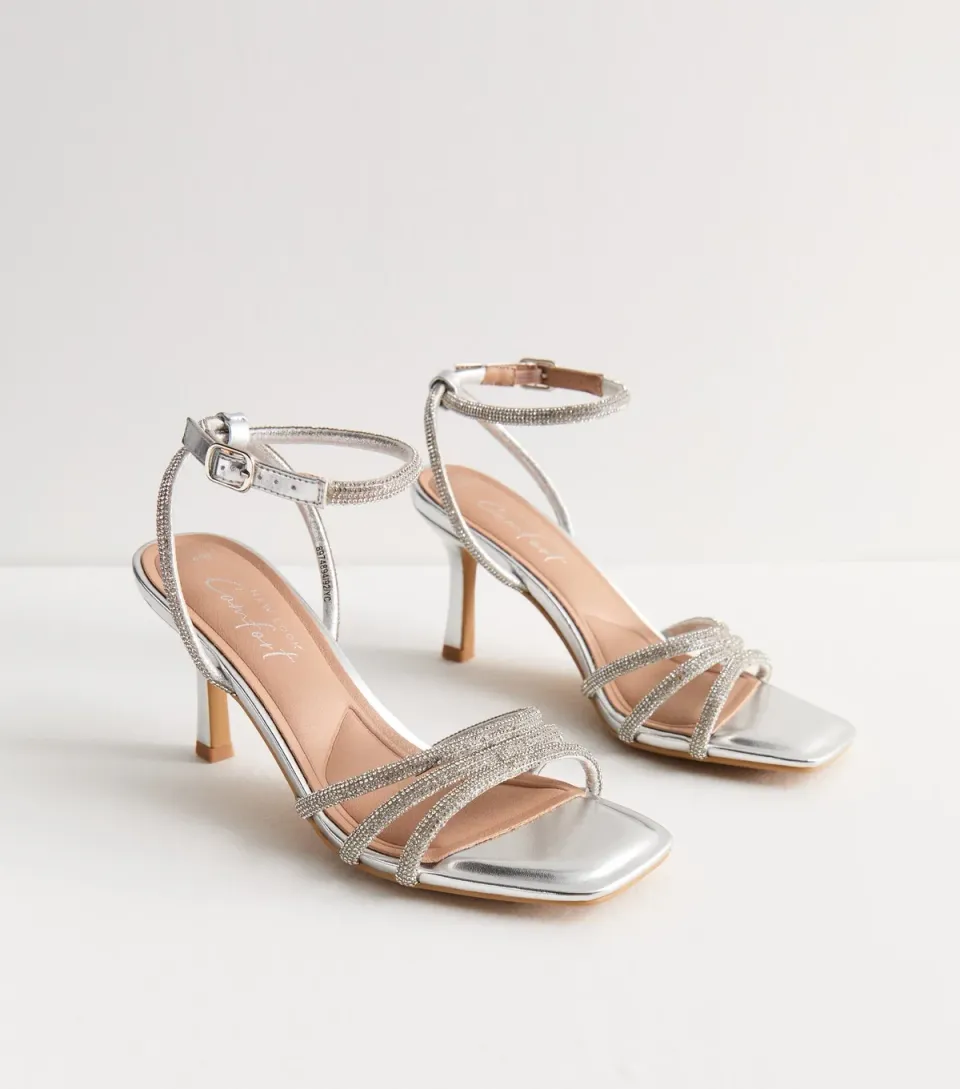 Women's Silver Diamanté-Embellished Stiletto Sandals Vegan