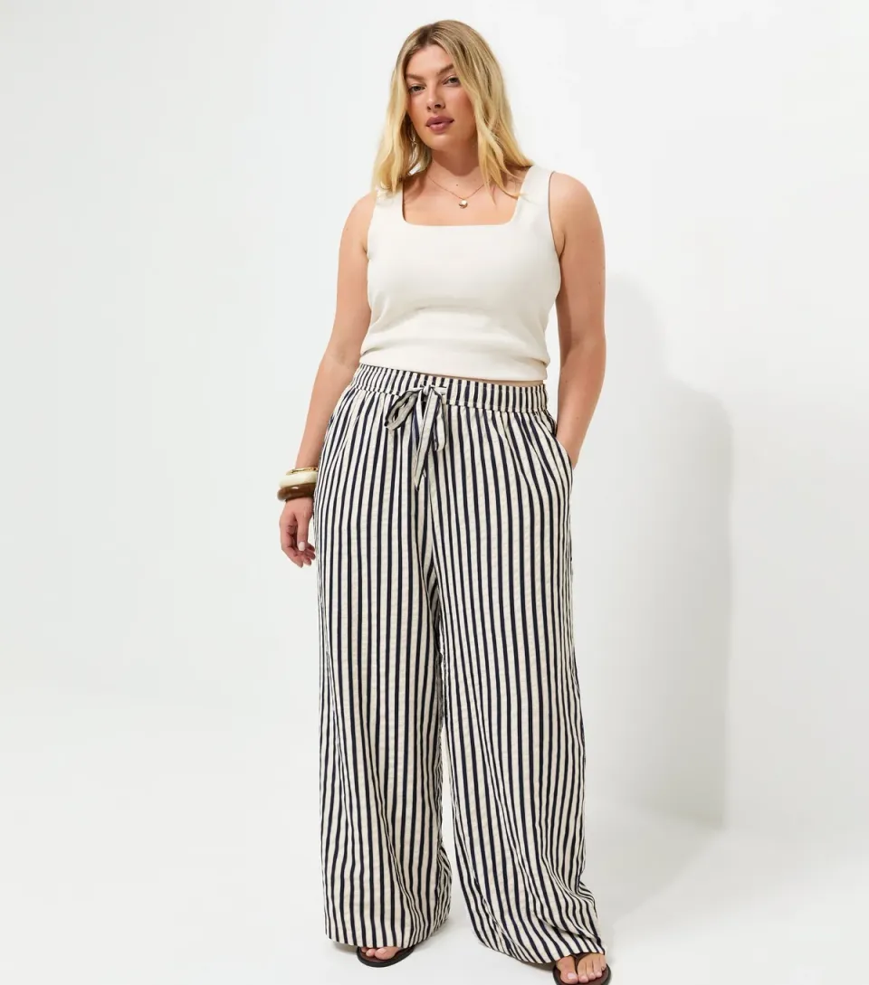 Women's Plus Size Navy Stripe Print Wide Leg Trousers Curves