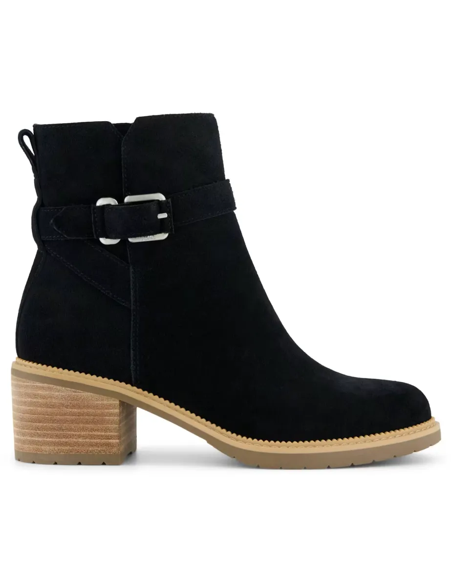 Leather Buckle Block Heel Ankle Boots Black
