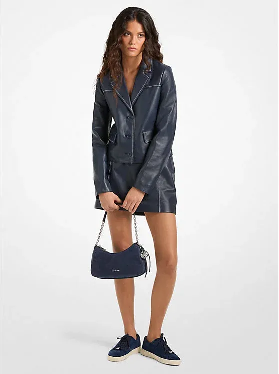 Contrast-Trim Leather Cropped Blazer