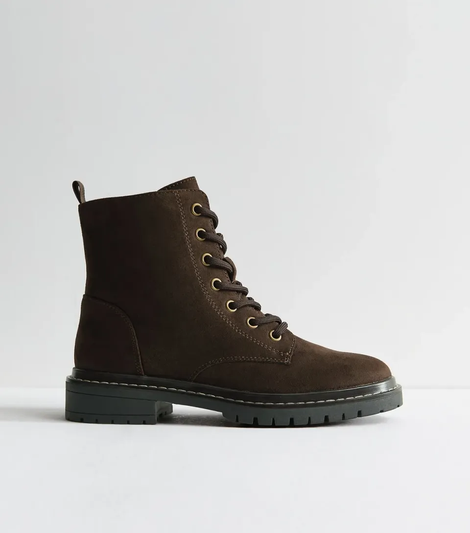 Women's Dark Brown Faux Suede Stitch Trim Faux Lace Up Ankle Boots Vegan