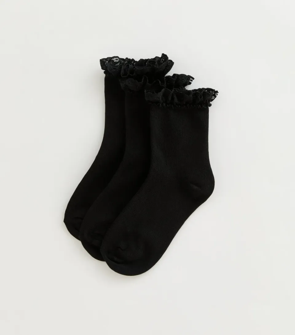 Girls' Pack of 3 Black Frill Trim Cable Socks