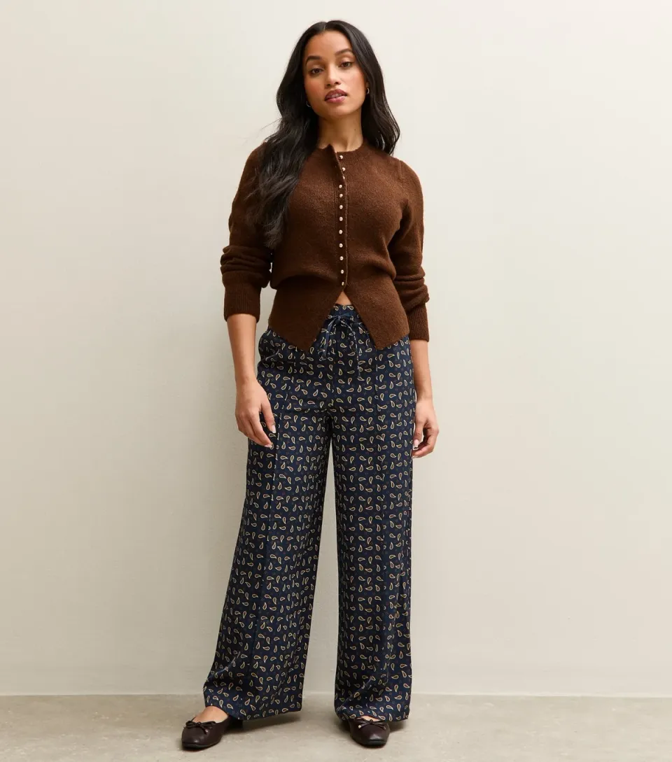 Women's Petite Blue Satin Paisley Wide Leg Trousers