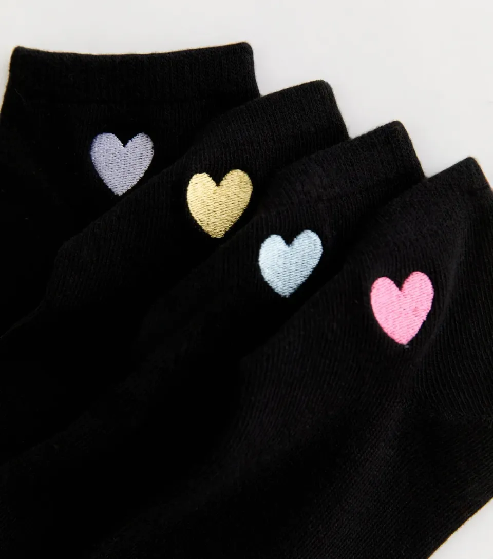 Pack of 4 Black Heart Embroidered Trainer Socks