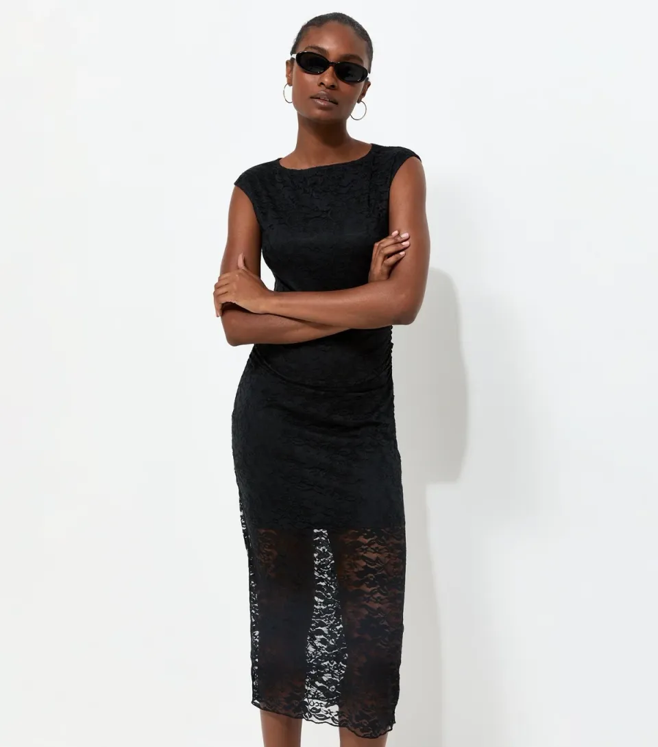 Women's Black Lace Ruched Side Sleeveless Midi Dress