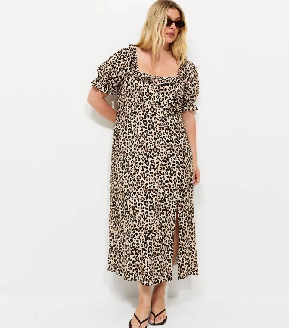 Women's Plus Size Brown Animal Print Square Neck Midi Tea Dress Curves