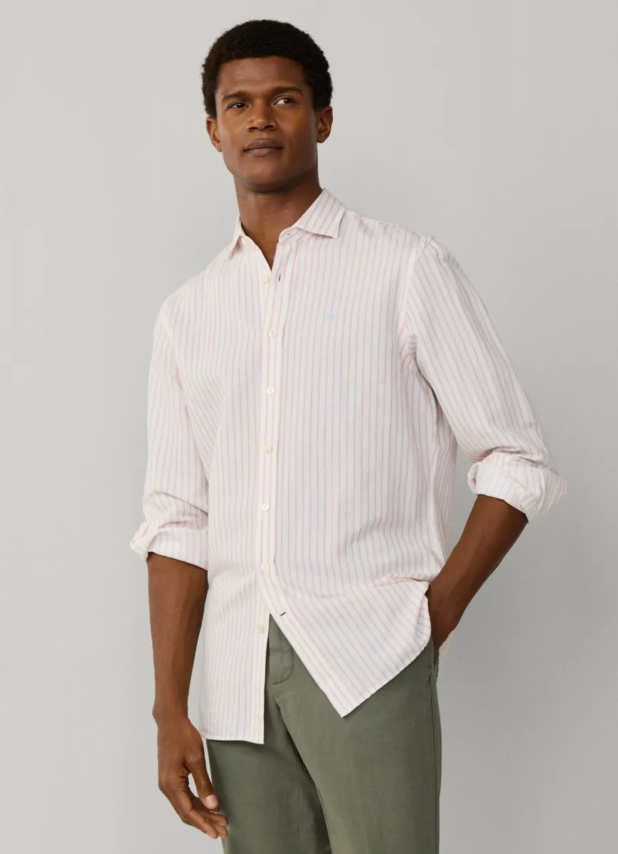 Tailored Fit Cotton-Linen Stripe Shirt