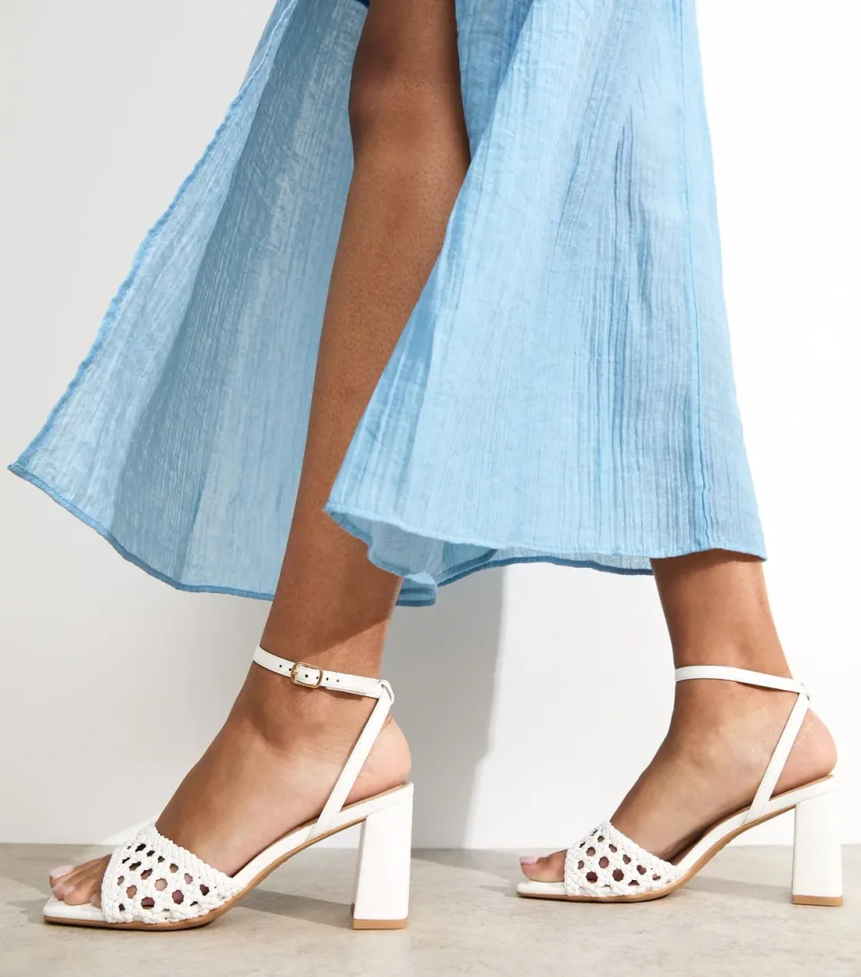 Women's White Faux Leather Woven Strap Block Heel Sandals
