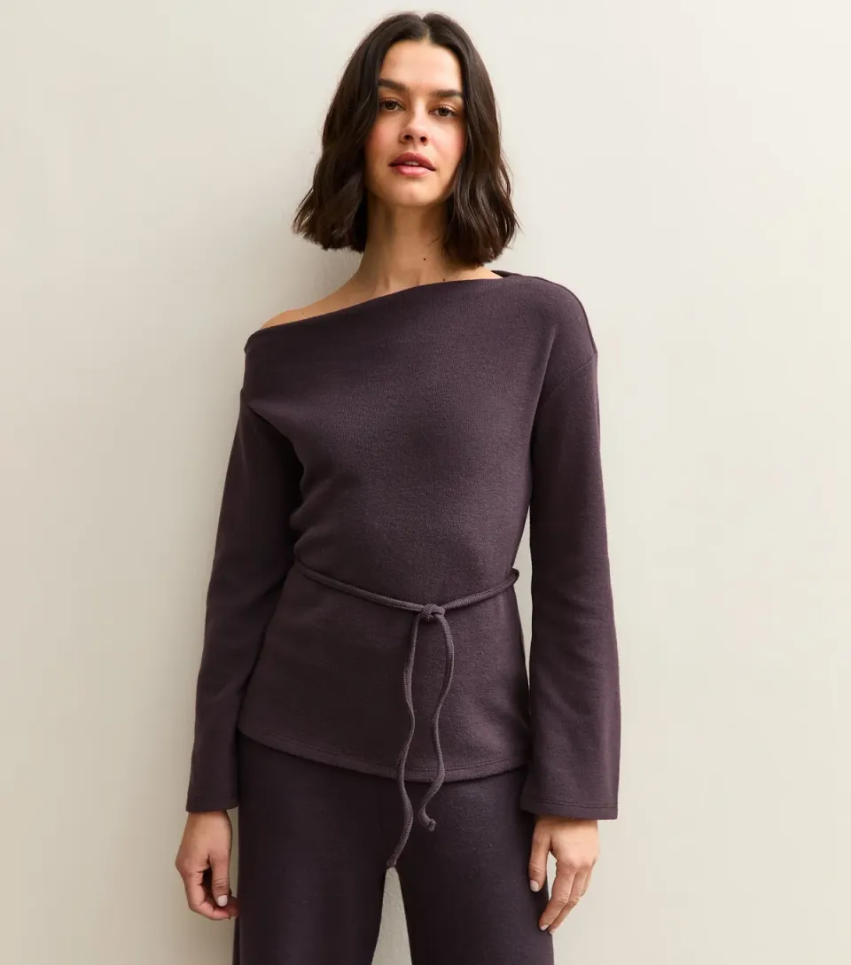 Women's Dark Purple Soft Touch Asymmetrical Slash Neck Tie Top